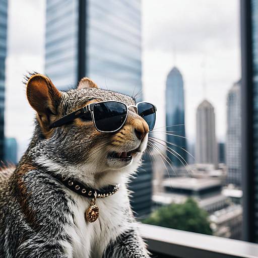 Squirrel Wearing Sunglasses with Urban Skyline