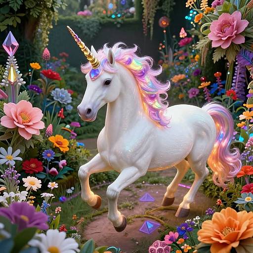 Photorealistic digital artwork of a white unicorn with a glowing, multicolored mane and horn, galloping through a vibrant, colorful garden filled
