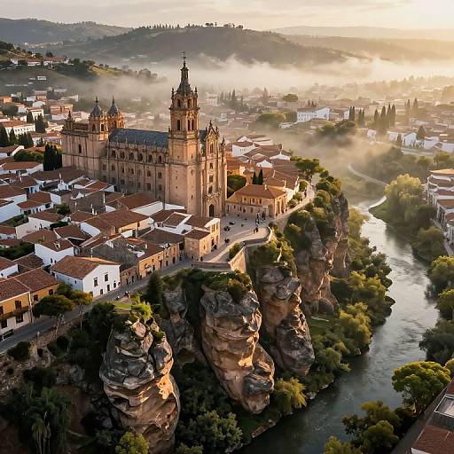 Photograph of a sunlit, misty, medieval town with a grand stone cathedral on a cliff, surrounded by red-roofed buildings and a