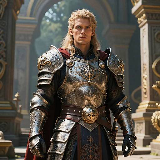 Photorealistic CGI of a tall, blond man in elaborate, shiny medieval armor with intricate designs, standing in a sunlit, ancient stone courtyard.