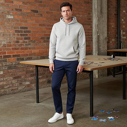 Photograph of a young white man with short brown hair, wearing a white hoodie, navy pants, and white sneakers, standing by a wooden table with