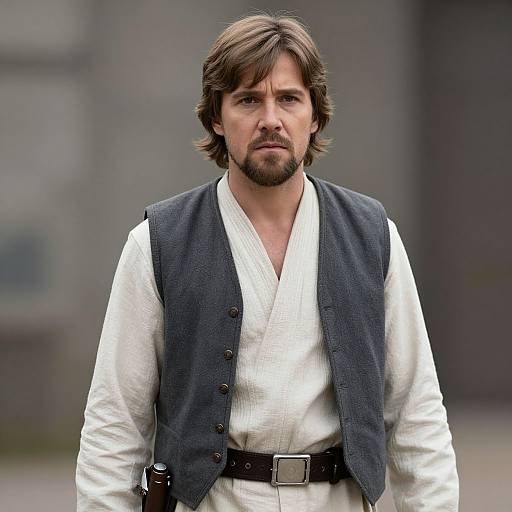 Photograph of a serious-looking man with brown hair and beard, wearing a white robe and dark vest, standing outdoors.