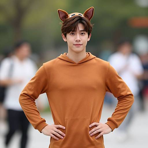 Young man in orange hoodie with brown fox ears, standing confidently outdoors, blurred background of people and greenery. Photograph.