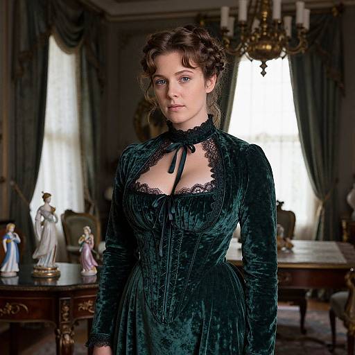 Photograph of a fair-skinned woman with brown curls in a Victorian-style, dark green velvet dress with lace trim, standing in an elegant, dim