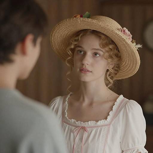 Young Woman in Vintage Dress and Straw Hat