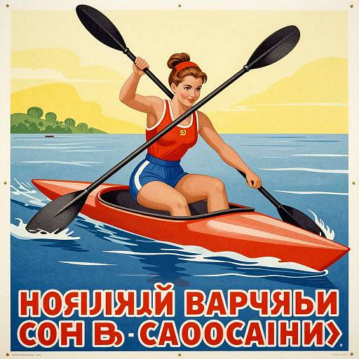 Colorful retro-style poster of a smiling woman in red swimsuit and blue shorts kayaking a red kayak on blue water. Text in Russian below.