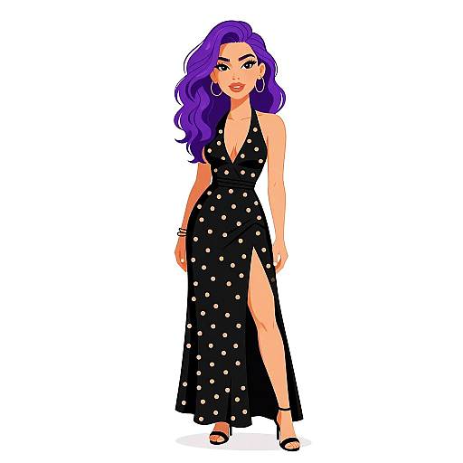Digital illustration of a confident woman with long, wavy purple hair, wearing a black, polka-dotted, deep V-neck dress with a high