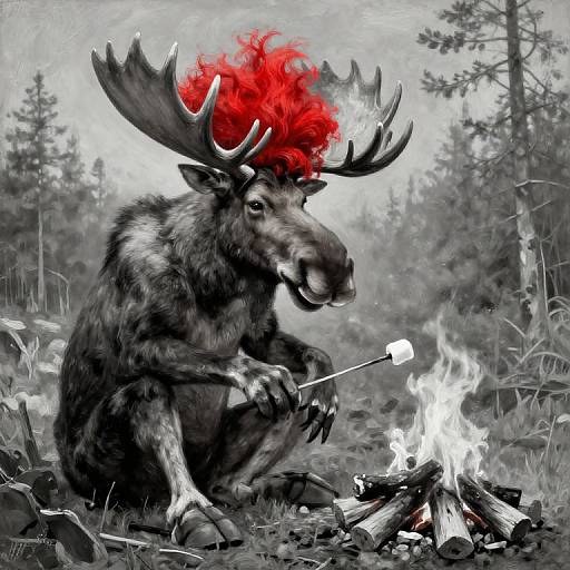 Digital painting of a moose with vibrant red fur on its head, holding a marshmallow stick over a campfire in a monochrome forest. Artist