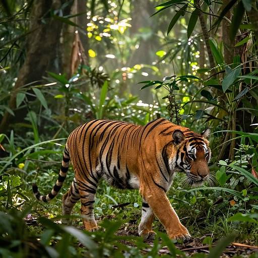 Photograph of a majestic Bengal tiger with orange and black stripes, walking through a dense, sunlit jungle with lush green foliage.