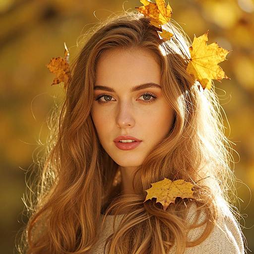 Photograph of a beautiful young woman with long, wavy auburn hair, adorned with autumn leaves, gazing softly into the camera, set