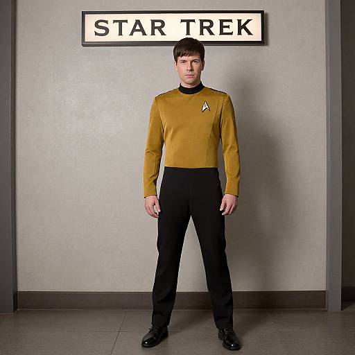 Photograph of a young man in Star Trek uniform: mustard yellow long-sleeve shirt with black pants, standing before 
