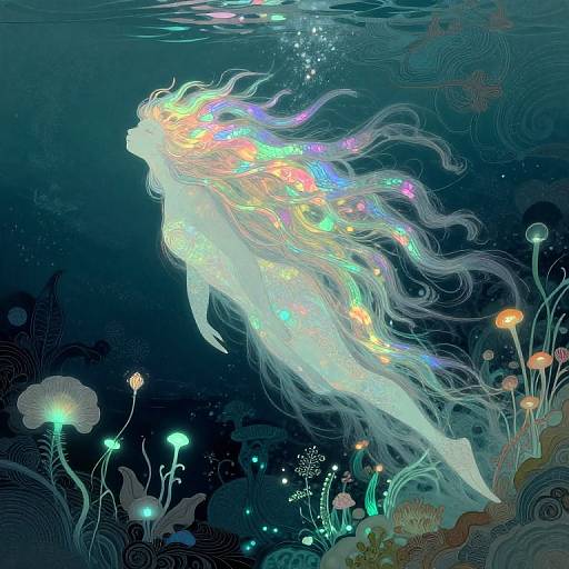 Digital art of a glowing, ethereal mermaid with flowing, multicolored hair, surrounded by underwater plants and bioluminescent flowers, swimming