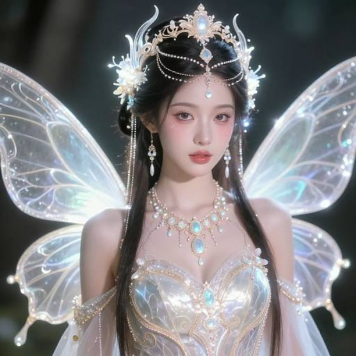 Photorealistic digital art of an ethereal Asian woman with glowing wings, wearing a radiant tiara, jeweled necklace, and translucent dress, set