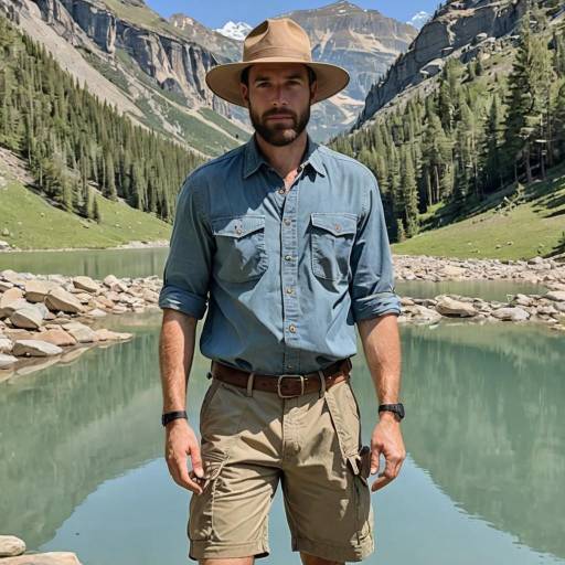 Man in Safari Outfit by Mountain Lake