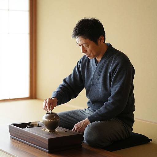 Photograph of an Asian man in a dark blue robe, sitting on a wooden floor, focusing on a traditional tea set. Soft natural light from a
