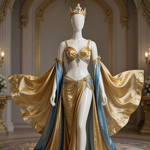 Photograph of a white mannequin in an ornate, gold and blue regal outfit with a jeweled crown, flowing cape, and intricate