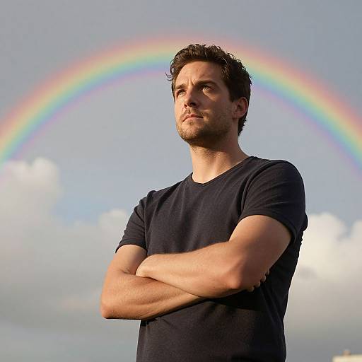 Photograph of a handsome, dark-haired man with a beard, wearing a black t-shirt, standing with arms crossed, against a bright sky with a