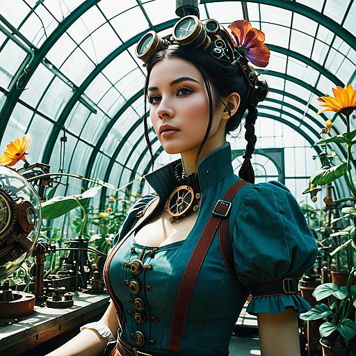 Steampunk Inventor Girl in Mechanical Greenhouse