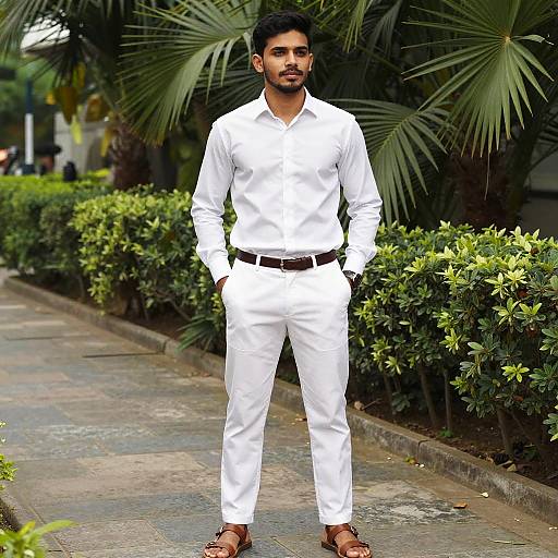 Photograph of a handsome, dark-haired man with a beard, wearing a crisp white long-sleeve shirt and pants, brown belt, and brown
