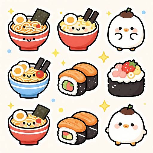 Cute digital illustration of six chibi-style bowls of ramen and sushi, each with chopsticks and small, adorable faces, accompanied by a white ch