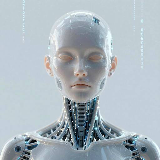 Digital CGI of a futuristic, translucent humanoid robot with glowing blue lines, closed eyes, and exposed mechanical neck and chest, set against a bright white background