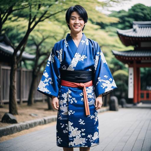 Young Man in Blue Floral Kimono Outdoors