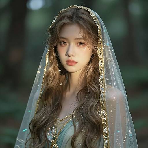 Photorealistic digital portrait of a young Asian woman with long, wavy brown hair, wearing a translucent veil adorned with gold and sparkling details, set