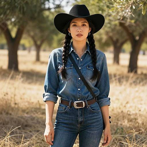 Photograph of an Asian woman with long braids, wearing a black cowboy hat, denim shirt, and jeans, standing in a sunlit, tree