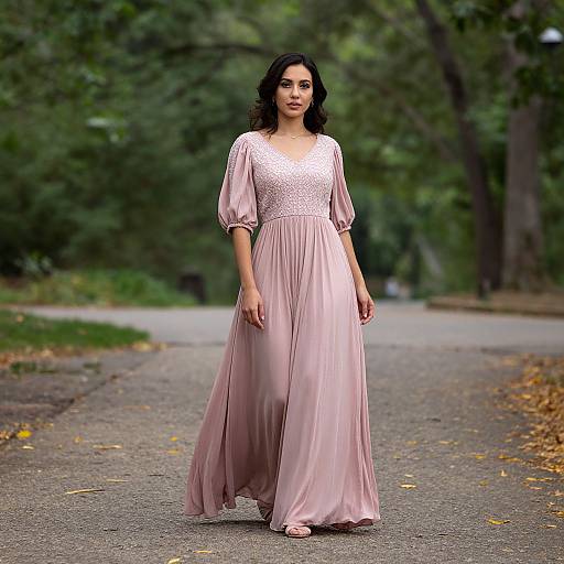 Photograph of a dark-haired woman in a flowing, pink, lace-trimmed dress walking on a tree-lined park path with fallen leaves.