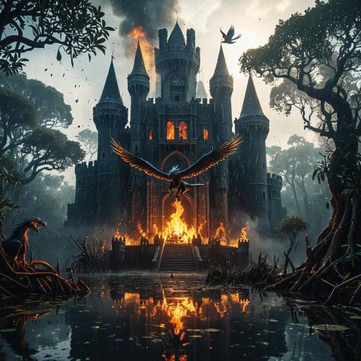 Burning Medieval Castle with Fire-Breathing Griffin
