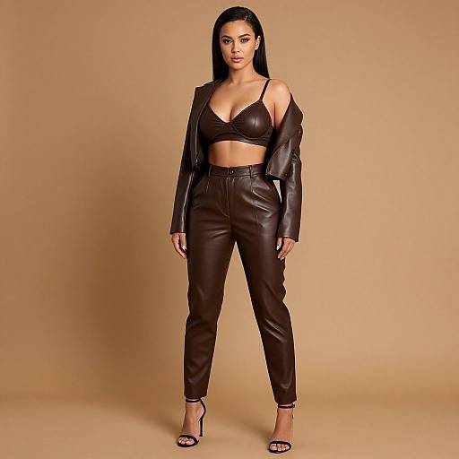 Photograph of a confident woman with long black hair, wearing a black bra, leather jacket, high-waisted leather pants, and black heels,