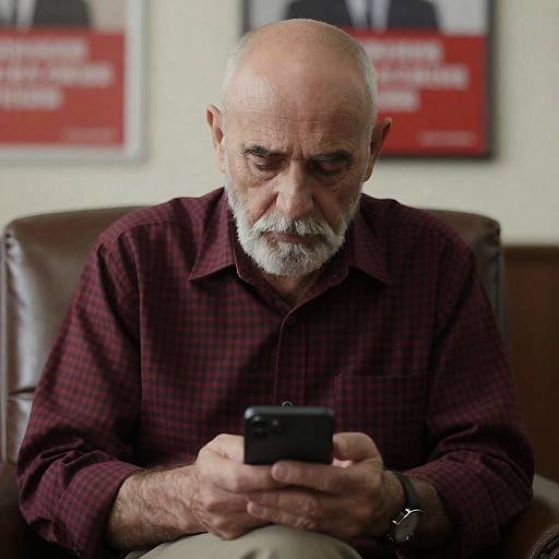 Elderly Man in Checkered Shirt with Smartphone