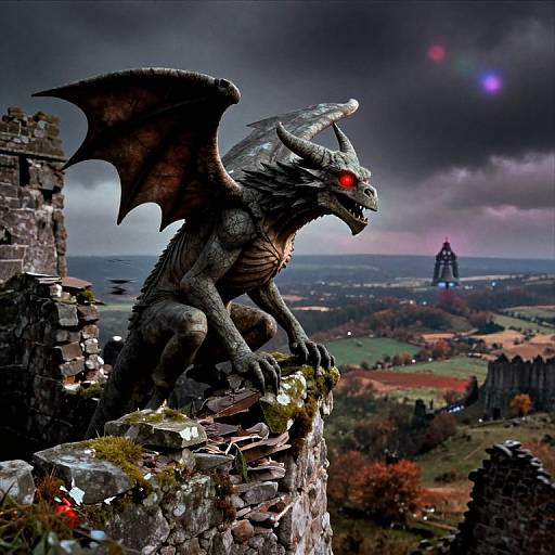 Photorealistic CGI of a menacing black dragon with red eyes, perched on a stone ruin, overlooking a stormy, colorful landscape.