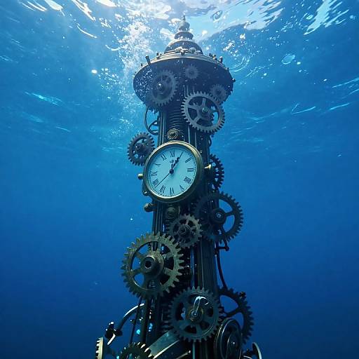 Underwater photograph of an intricately designed clock tower composed of gears and a single clock face, bathed in blue light.
