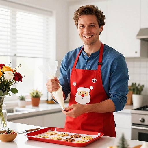 Man Decorating Christmas Cookies in Kitchen