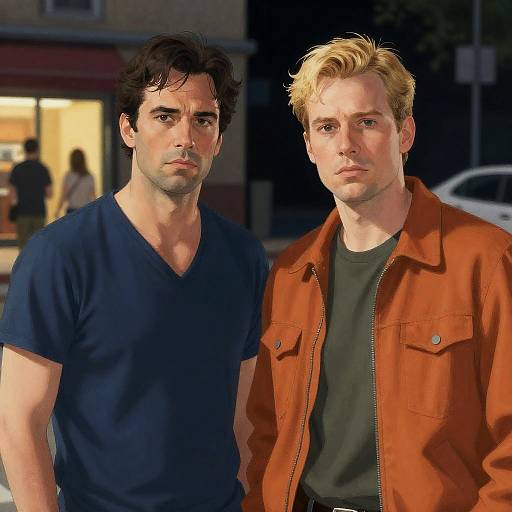 Two Men in Nighttime City Scene