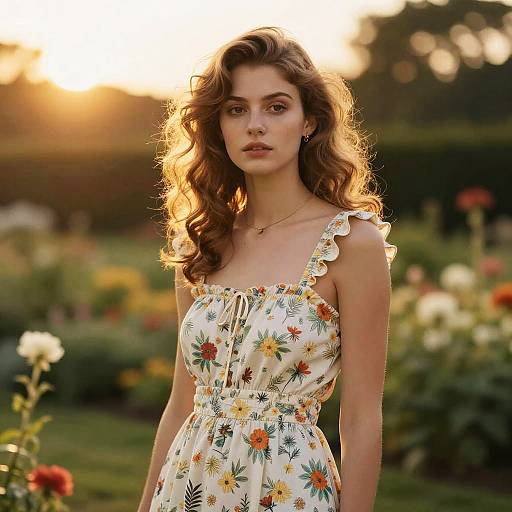 Photograph of a young woman with wavy brown hair, wearing a floral sundress, standing in a sunlit garden at sunset.