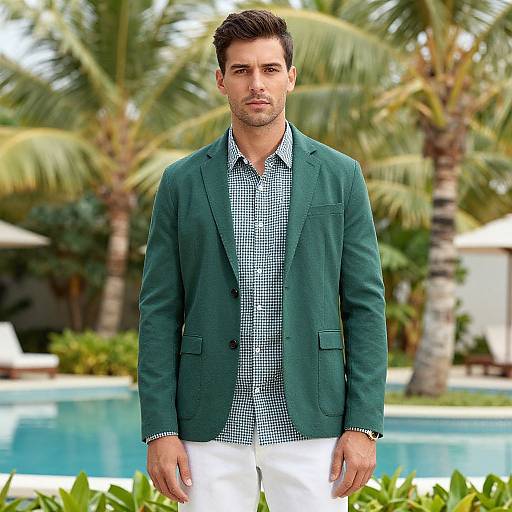 Photograph of a handsome, dark-haired man in a green blazer and checkered shirt, standing in front of a tropical pool with palm trees.