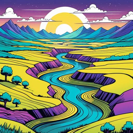 Colorful Stylized River Valley at Sunset