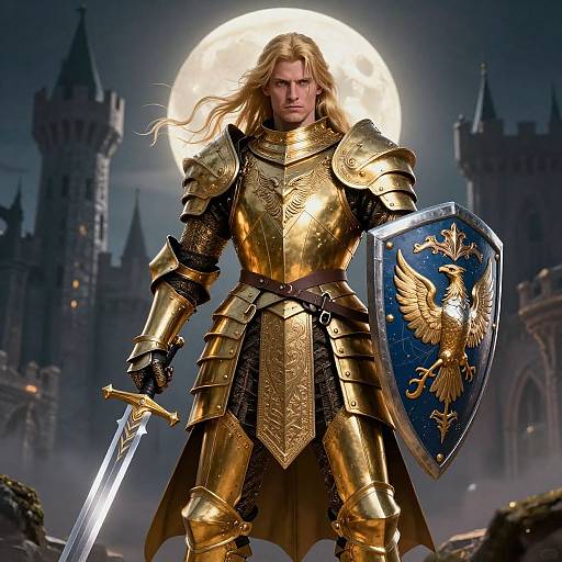 Golden Armored Knight Under Full Moon