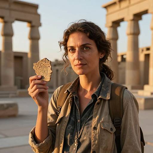 Photograph of a curly-haired woman with olive skin, wearing a denim jacket and backpack, holding a gold amulet against ancient Egyptian temple ruins in the
