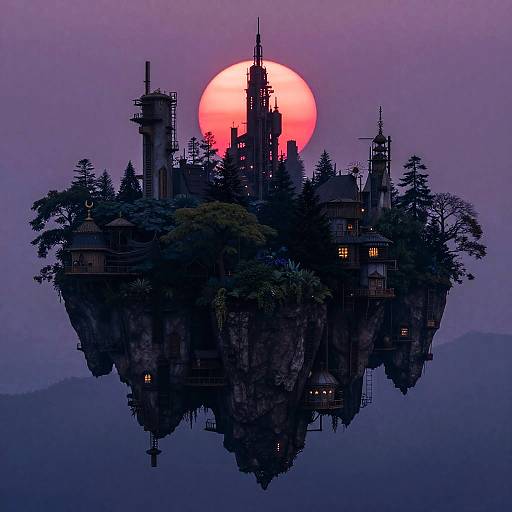 Crimson Sun Over Steampunk Floating City