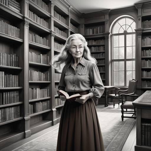 Elderly Woman Reading in Classic Library