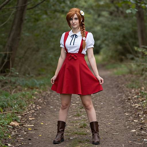 Photograph of a red-haired woman with braided hair, wearing a white blouse, red skirt, brown suspenders, brown boots, standing on a