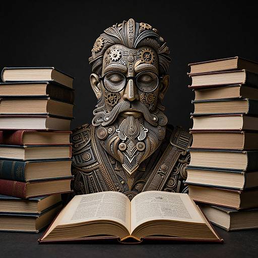 Photograph of an intricately detailed, metallic, bearded Buddha statue with closed eyes, surrounded by stacked books, reading an open book.