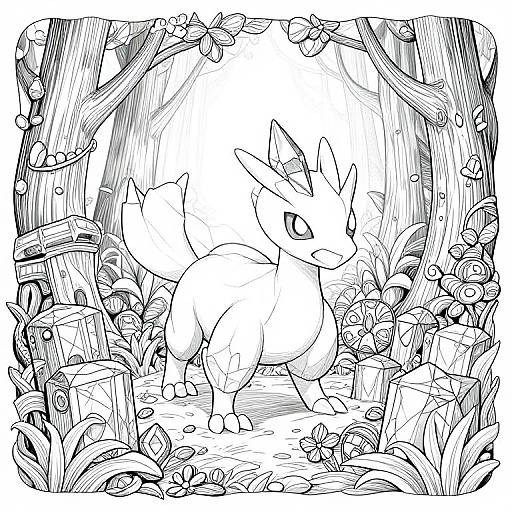Black-and-white line drawing of a Blaziken-like creature standing in a forest with detailed trees, mushrooms, and foliage surrounding it.