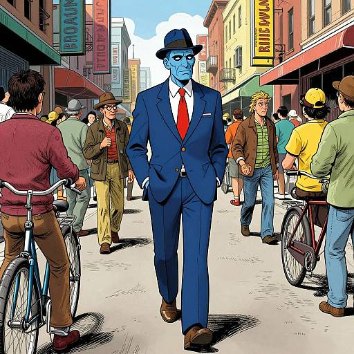 Colorful comic-style illustration of a blue-skinned man in a blue suit, red tie, and black hat walking down a busy urban street with cyclists