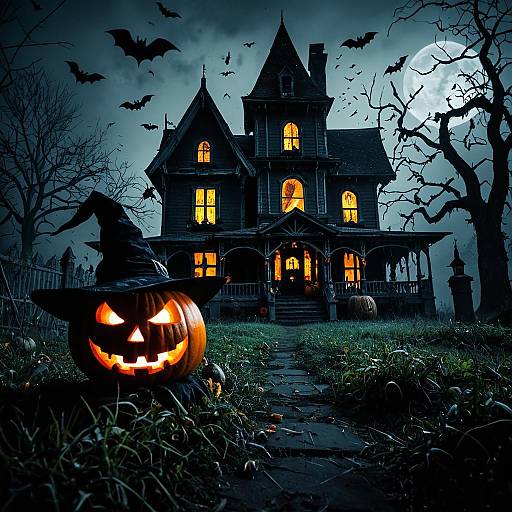 Jack-o'-lantern with Witch Hat in Front of Haunted House