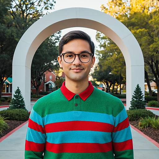 Young Man in Green and Red Striped Sweater Outdoors