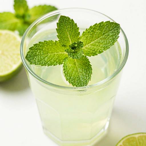 Photograph of a clear glass filled with a light green, mint-infused drink, garnished with fresh, vibrant green mint leaves, with a lime